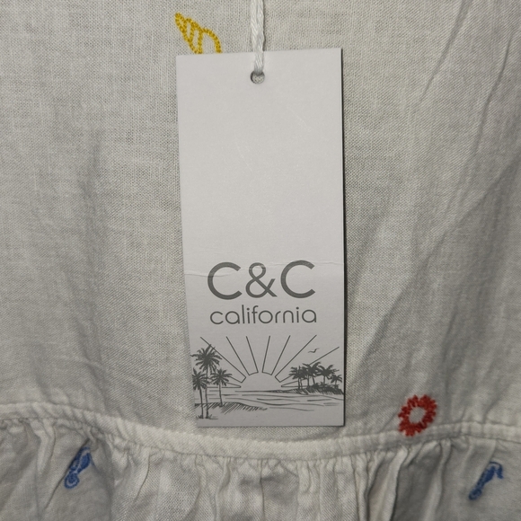 NWT C&C California White Linen Blend Blouse Colorful Embroidered Beach Accents - Picture 10 of 14